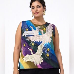 Vintage Chinese Silk Tank Top / Blouse Flying Cranes Print – 100% Silk – XXL